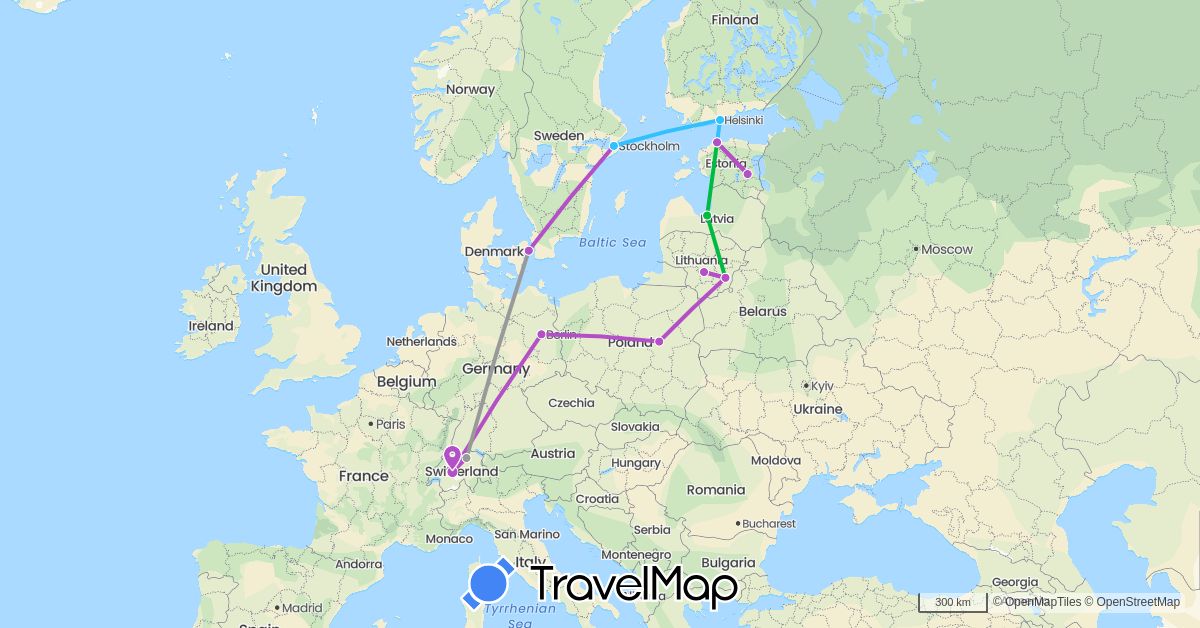 TravelMap itinerary: driving, bus, plane, train, boat in Switzerland, Germany, Denmark, Estonia, Finland, Lithuania, Latvia, Poland, Sweden (Europe)