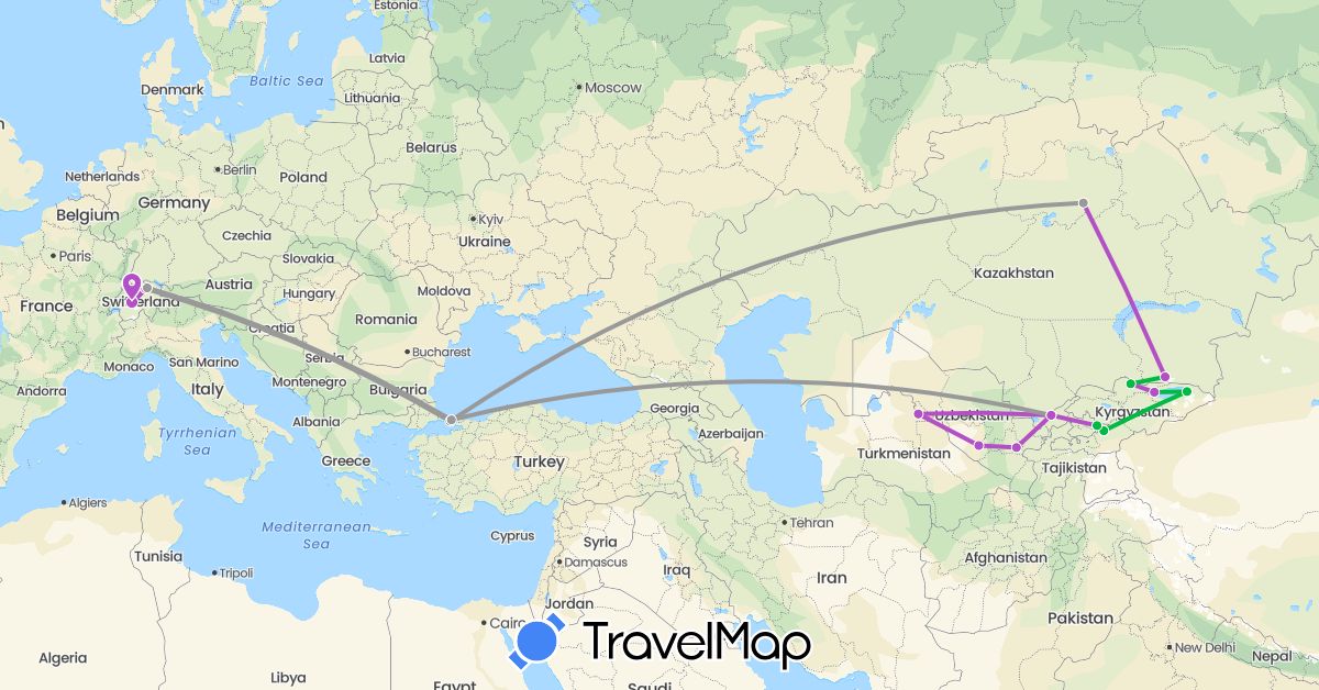 TravelMap itinerary: driving, bus, plane, train in Switzerland, Kyrgyzstan, Kazakhstan, Turkey, Uzbekistan (Asia, Europe)