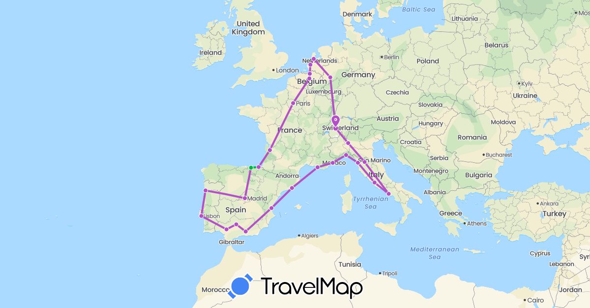 TravelMap itinerary: driving, bus, train in Belgium, Switzerland, Germany, Spain, France, Italy, Netherlands, Portugal (Europe)