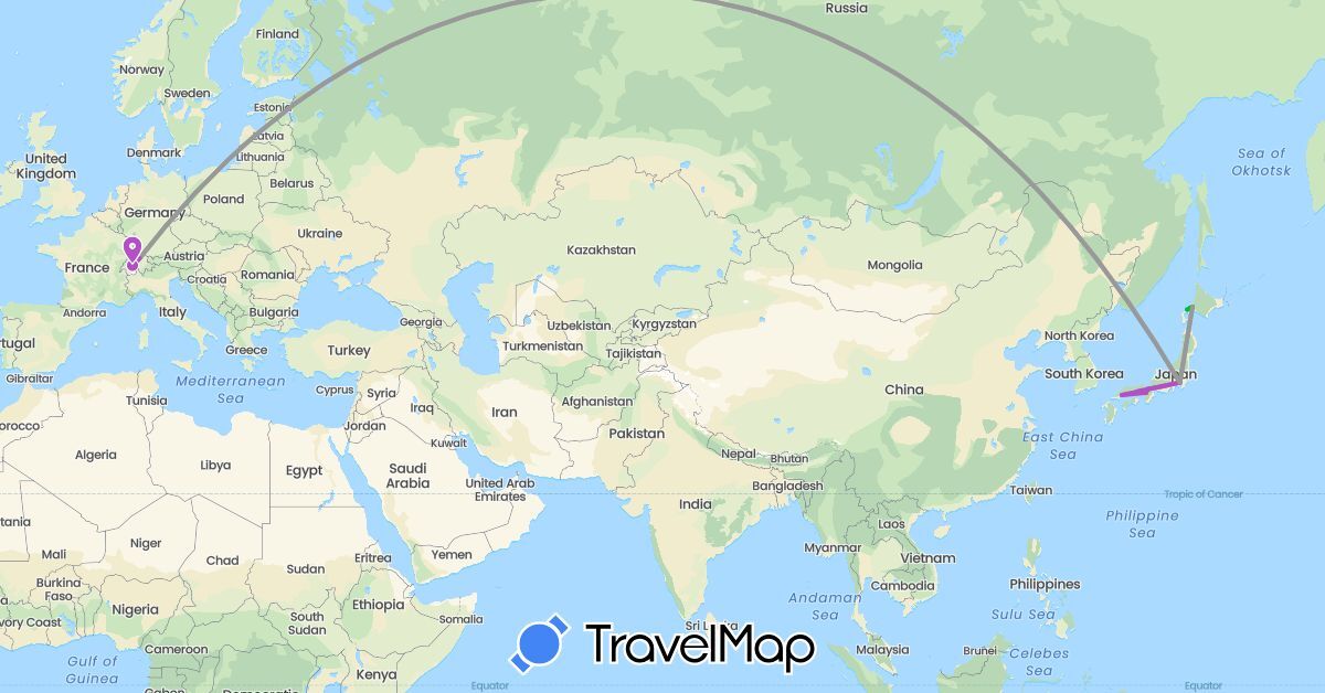 TravelMap itinerary: driving, bus, plane, train in Switzerland, Japan (Asia, Europe)